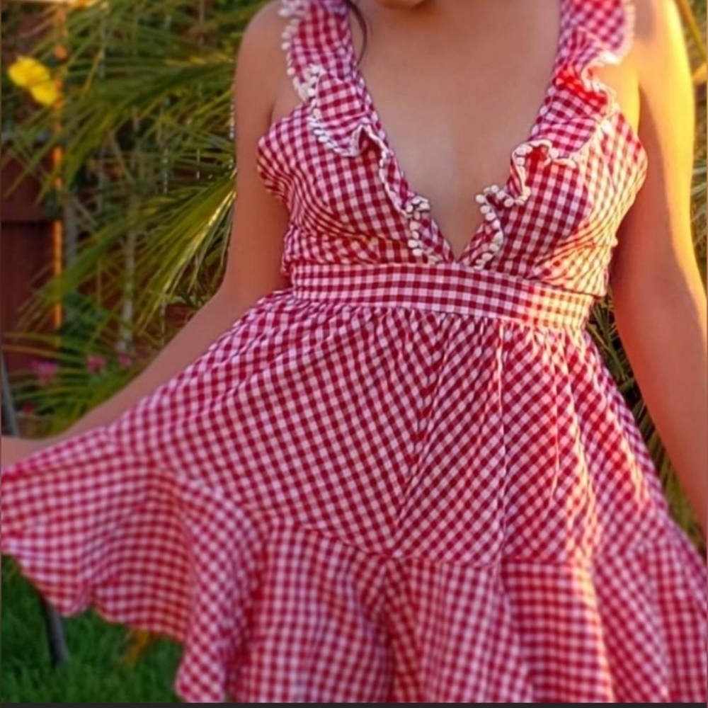 Red Gingham Ruffle Dress - Picture 3 of 5